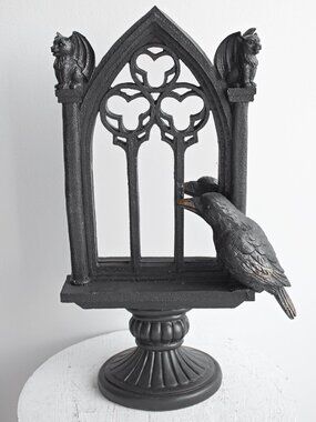 Gothic Cathedral Window Style Mirror Gargoyle Black Cat Raven Halloween Decor